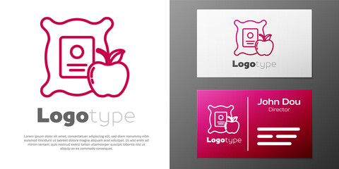 Logotype line Apple in the sack icon isolated on white background. Apples in a canvas bag. Farmers market. Logo design template element. Vector Illustration.