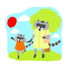 Baby raccoon holding balloon and enjoying walk with mother