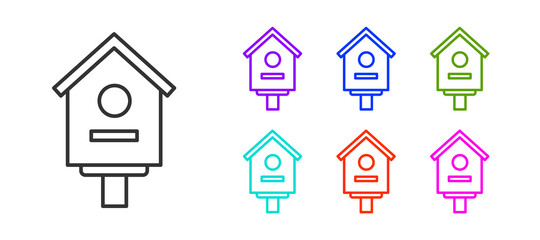 Black line Bird house icon isolated on white background. Nesting box birdhouse, homemade building for birds. Set icons colorful. Vector Illustration.