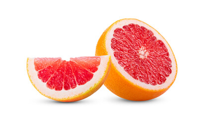 Fototapeta na wymiar Ripe half of pink grapefruit citrus fruit isolated on white background