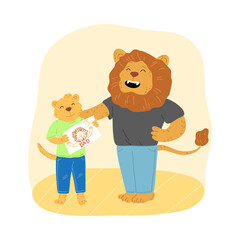 Brown baby lion standing and showing portrait to his smiling dad