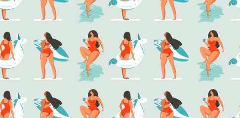 Hand drawn vector abstract fun summer time illustration seamless pattern with group girls,surfboards and unicorn floats circles in blue ocean water background