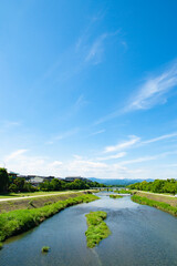 京都　青空と鴨川の河川敷