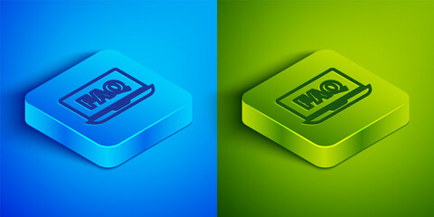 Isometric line Laptop and FAQ icon isolated on blue and green background. Adjusting, service, setting, maintenance, repair, fixing. Square button. Vector Illustration.