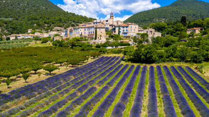 Provence in France, lavender field and village of Grigan