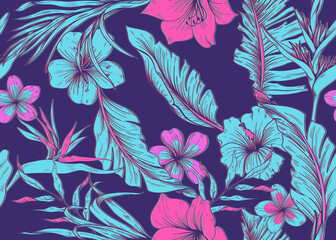 Seamless floral pattern retrowave style