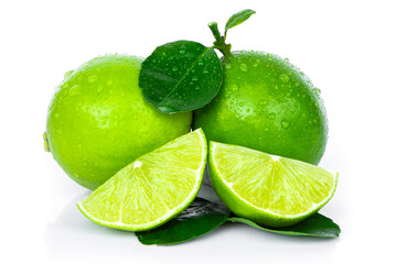 Fresh Lime fruits with green leaf and cut in half slice isolated on white background. 
