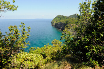 Vue sur une crique, sur l'île, dans la jungle thaïlandaise, laissant apercevoir une eau bleu-turquoise et une végétation luxuriante.