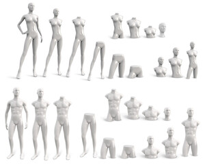 Vector set of male and female mannequins in white color. Different parts of the body. Vector 3d realistic illustration isolated on white background.