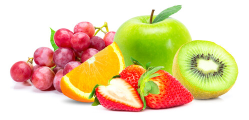 Pile of various types of fresh organic fruits ( red berry strawberry, green apple, kiwi, orange and...