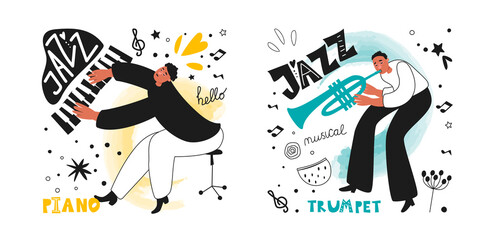 A group of jazz musicians, a piano player and a trumpeter. Jazz instrument trumpet. Inscriptions and phrases in the jazz style. Vector music posters