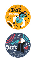 A musical set of jazz people. Musicians play the trumpet and double bass. Stylish jazz lettering. Vector music logos for concert or product printing