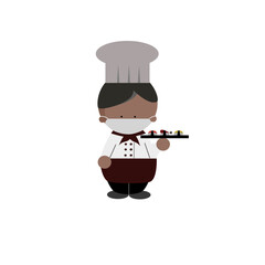 Male chef in uniform or waiter wearing protective medical mask, hand hold and present japanese sushi food icon vector illustration. Corona virus pandemic concept.