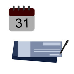 Checkbook ( cheque ) with pen and calendar icon vector illustration. Paycheck, payday and payroll concept.