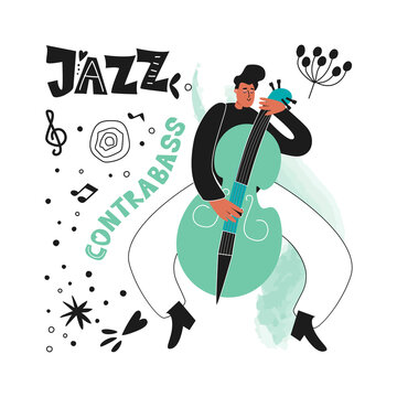 Double bassist jazz musician plays the instrument double bass. Jazz Poster. Vector musical illustration of a double bass player
