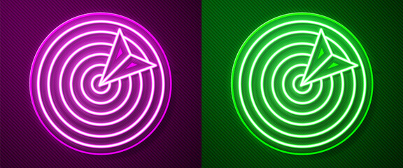 Glowing neon line Target sport icon isolated on purple and green background. Clean target with numbers for shooting range or shooting. Vector Illustration.