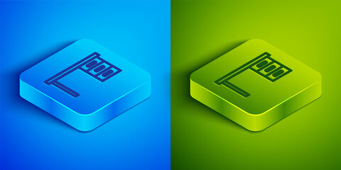 Isometric line Office desk icon isolated on blue and green background. Square button. Vector Illustration.