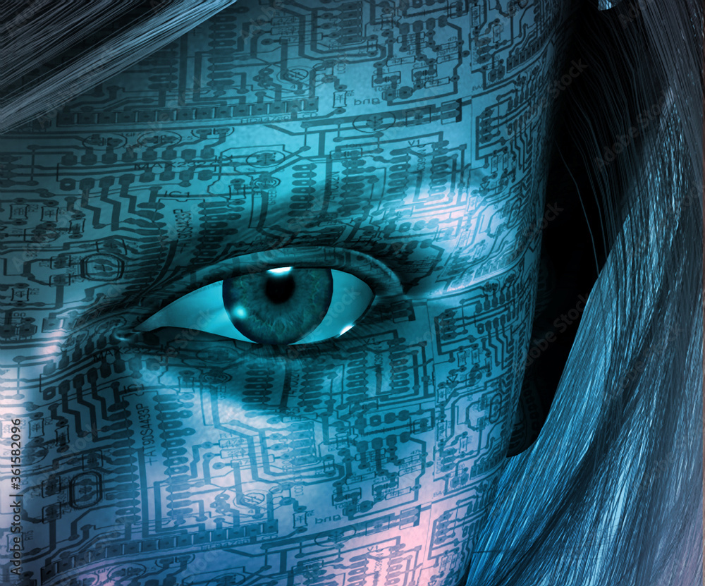Poster woman face with electronic circuit pattern. 3d rendering