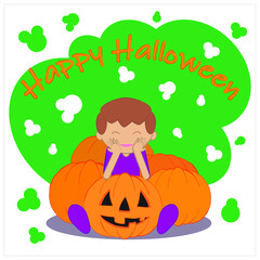 White Halloween kids card with green elements. A child among many pumpkins, leaned on a jack lantern. Top orange text Happy Halloween. Flat vector illustration, layered. Each layer and group are named