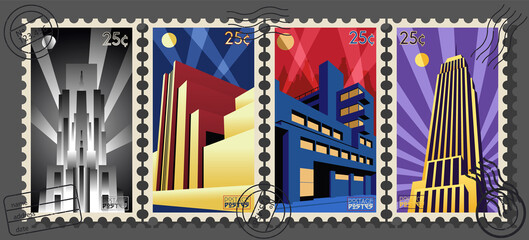 Art Deco Architecutre 1920s Skyscrapers Constructivism, Bauhaus Style Buildings Postage Stamps 