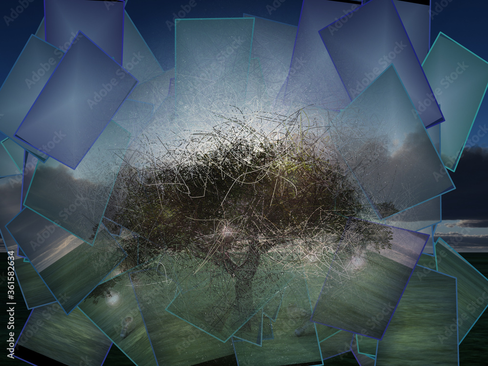 Poster surreal digital art. tree with light bulbs symbolizes knowledge and ideas. 3d rendering