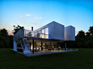 Modern house with swimming pool and outdoor staircase at dusk © mariano