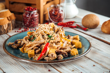 Asian pad thai noodle with seafood and tofu