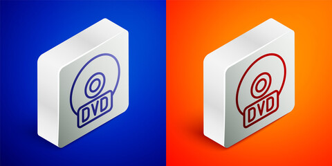 Isometric line CD or DVD disk icon isolated on blue and orange background. Compact disc sign. Silver square button. Vector Illustration.