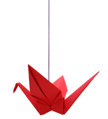 origami red bird paper handing on white