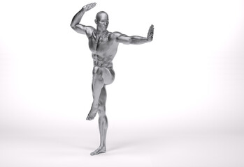 3d Render: a male character with silver texture pose an action with China martial Arts Styles, Kung Fu