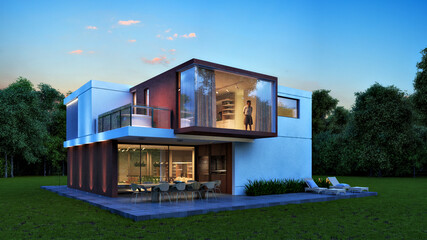 Modern house with glass upper floor illuminated at dusk © mariano