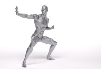 Fototapeta na wymiar 3d Render: a male character with silver texture pose an action with China martial Arts Styles, Kung Fu