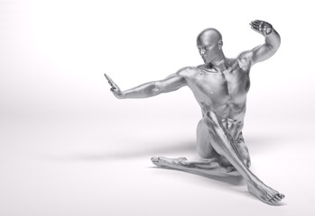 3d Render: a male character with silver texture pose an action with China martial Arts Styles, Kung Fu