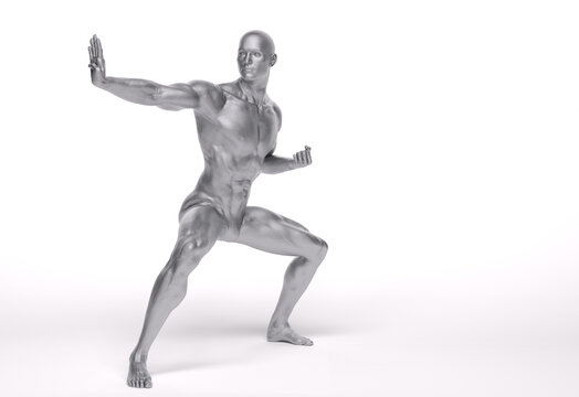 3d Render: a male character with silver texture pose an action with China martial Arts Styles, Kung Fu