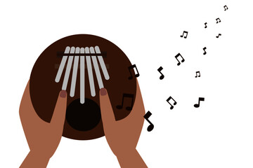 Hand hold and play thumb piano or kalimba ( Mbira or thump piano ) vector cartoon icon illustration. African musical instrument.