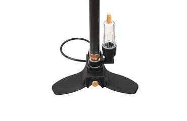 Bicycle hand pump with pressure sensor isolate on a white backg. Modern air pump with a barometer.