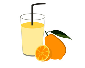 Glass of lemon juice with pile of yellow lemon lime fruits with green leaf isolated on white background.  icon vector illustration. Healthy drinks concept.