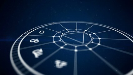 Zodiac signs placed on a revolting circle seen askew in the dark blue sky