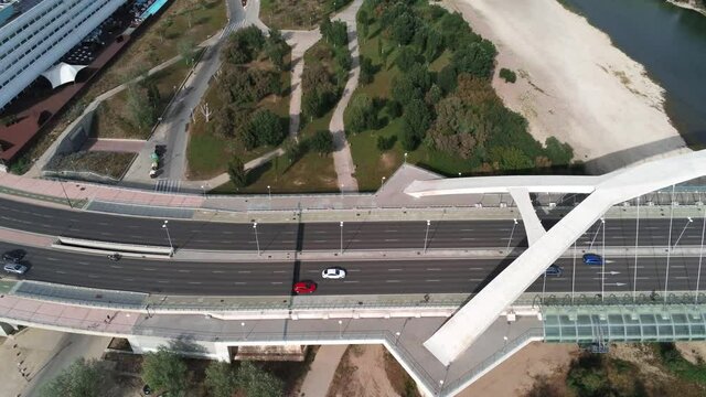 Aerial view of bridge in Zaragoza and Ebro River. Spain. Drne Video