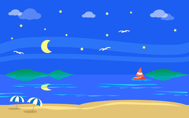 Obraz na płótnie Canvas Seaside landscape with isle and beach by night scenery vector