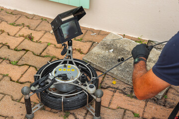 Technicien utilisant une caméra de contrôle pour nettoyage d'une canalisation bouchée - obrazy, fototapety, plakaty