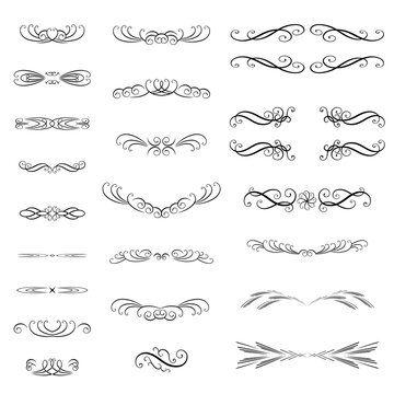 Decorative page divider. Isolated vector icons set on white background. Original scroll elements. Borders. Vector illustration.
