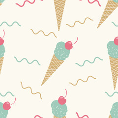 Stylish Cream Tan Seamless pink and green Ice cream cone pattern. Fun summer seamless vector pattern for kids or teens.