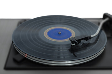 Turntable with a vinyl record on it, on a white background.