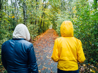 Une famille se promène sur une route dans une forêt automnale. Un couple marchant dans les bois...