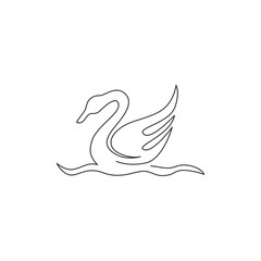 Naklejka na ściany i meble One single line drawing of beauty swan for company business logo identity. Cute goose animal mascot concept for greeting card decoration. Trendy continuous line draw design illustration vector graphic