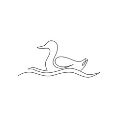 Single continuous line drawing of adorable white duck for company business logo identity. Little cute swan mascot concept for public park. Dynamic one line draw vector design graphic illustration