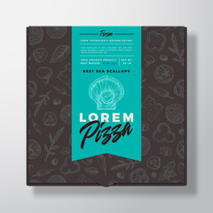 Scallops Seafood Frozen Pizza Realistic Cardboard Box. Abstract Vector Packaging Design or Label. Modern Typography, Sketch Seamless Food Pattern. Black Paper Background Layout.