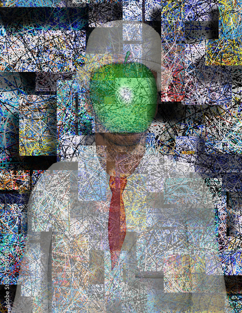 Poster abstract composition. green apple man. 3d rendering