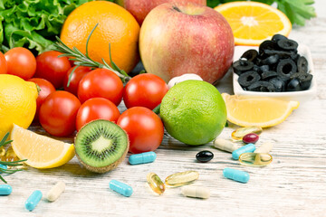 Vegetable and supplement, additive in healthy eating, healthy eating (diet) and healthy lifestyle with fresh organic fruit
